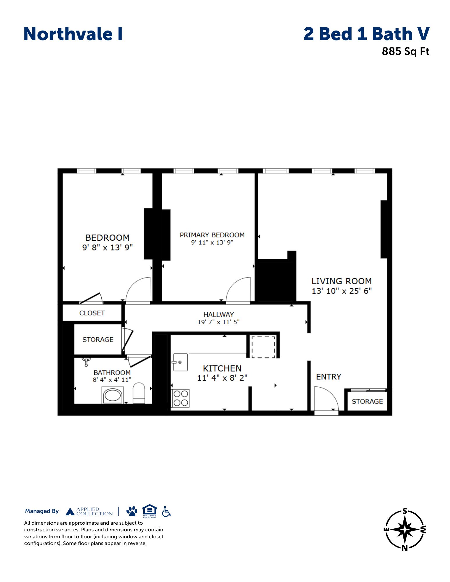 Floor plan for 2 beds, 1 bath, 885 sqft
